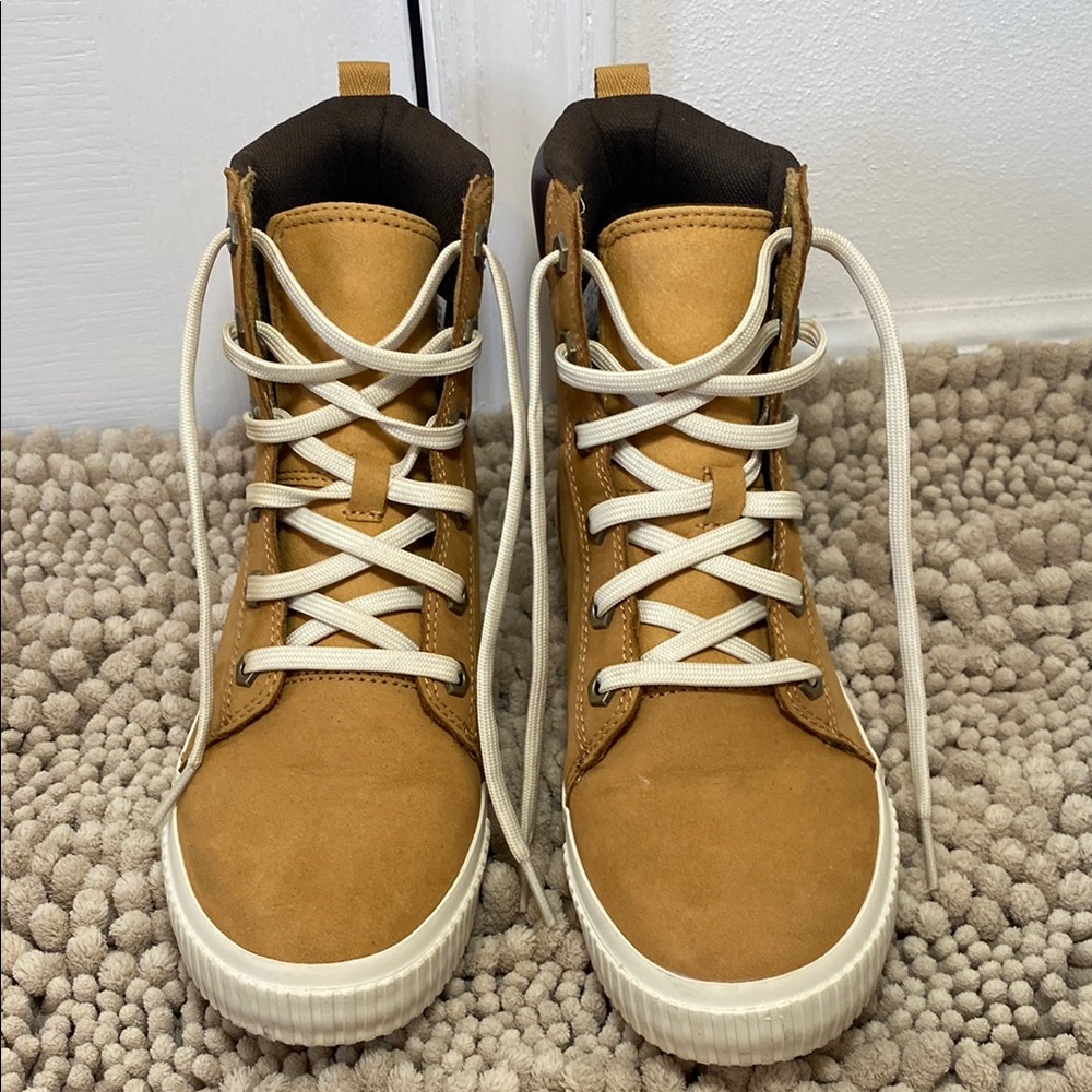 Tan High-Top Sneakers with White Laces